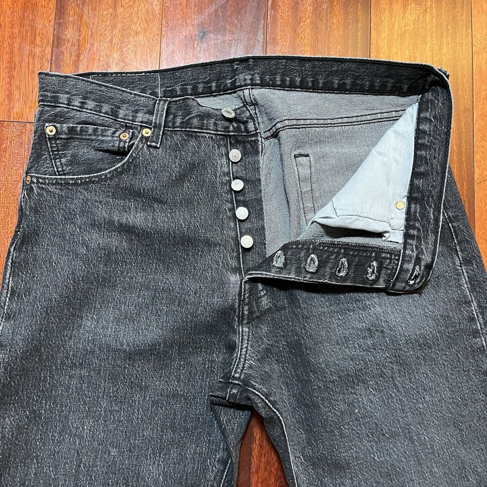 Levis 501 93 Jeans Mens 34x32 Faded Black Charcoal Straight Button Fly Stretch